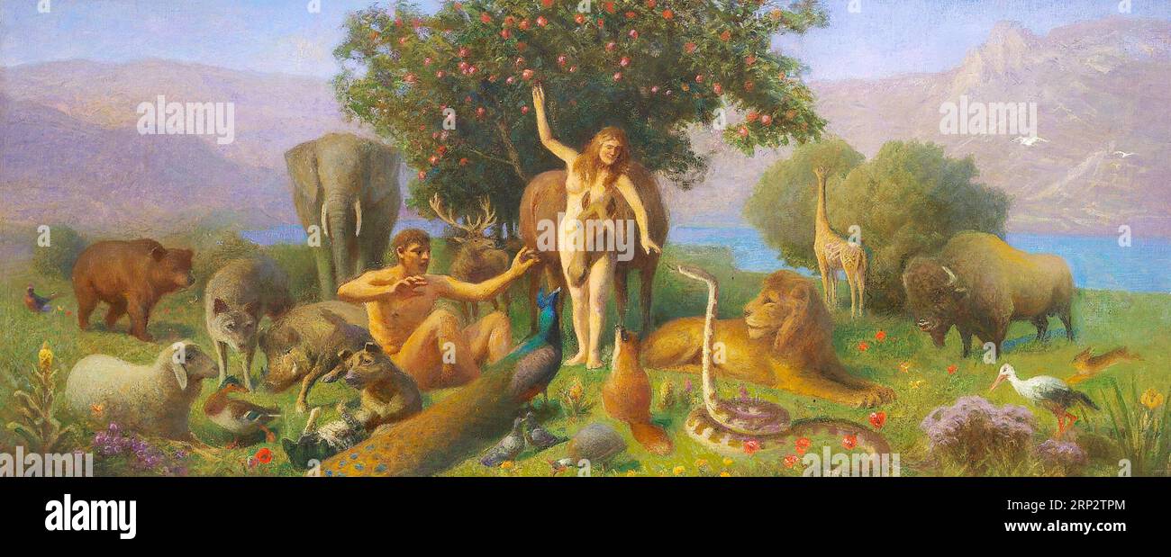 Hans Ole Brasen - avant la chute - 1928 - jardin d'Eden avec Adam et Eve et serpent. Banque D'Images