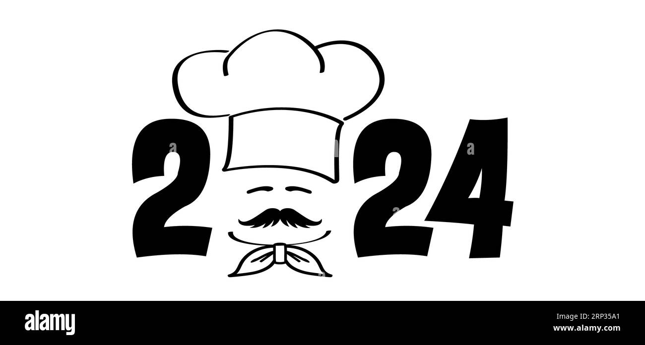 Carte de vœux, bonne année 2024 avec chapeau de chef avec symbole moustache. Chapeau ou casquette de chef. Cuisinier de cuisine ou chapeau de cuisine. Logo ou icône du menu Vector. Chariot Banque D'Images