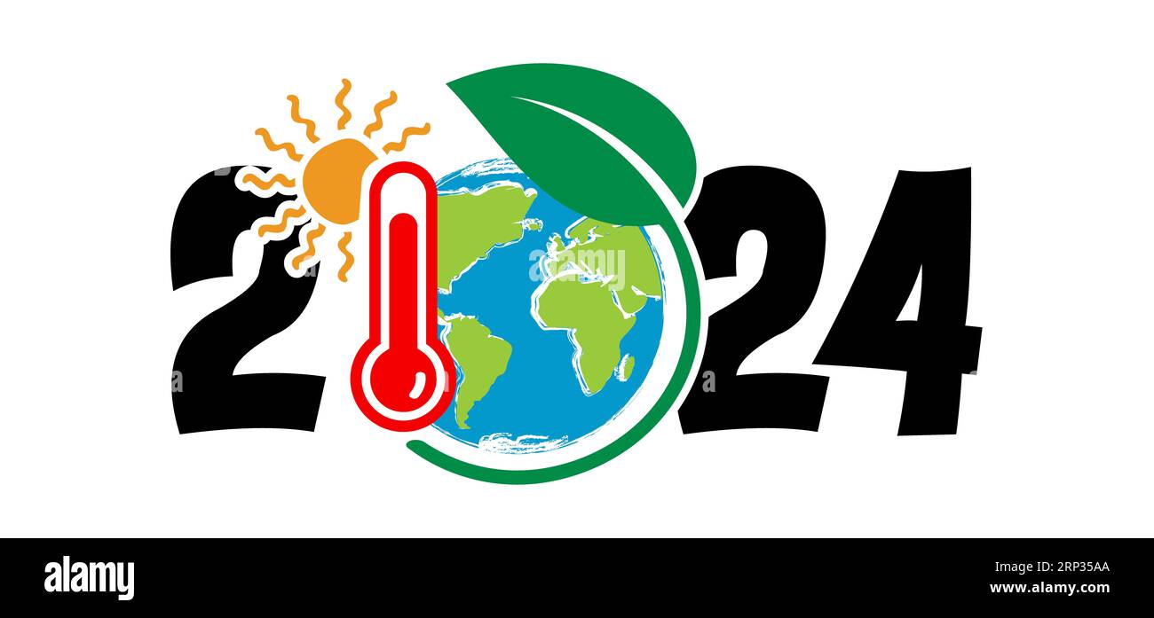 nous vous souhaitons une bonne année 2024 avec le symbole de l'effet de réchauffement climatique. Cartoon CO2, Stop, justice climatique maintenant, changement climatique. sos, sauve le monde, oreille Banque D'Images