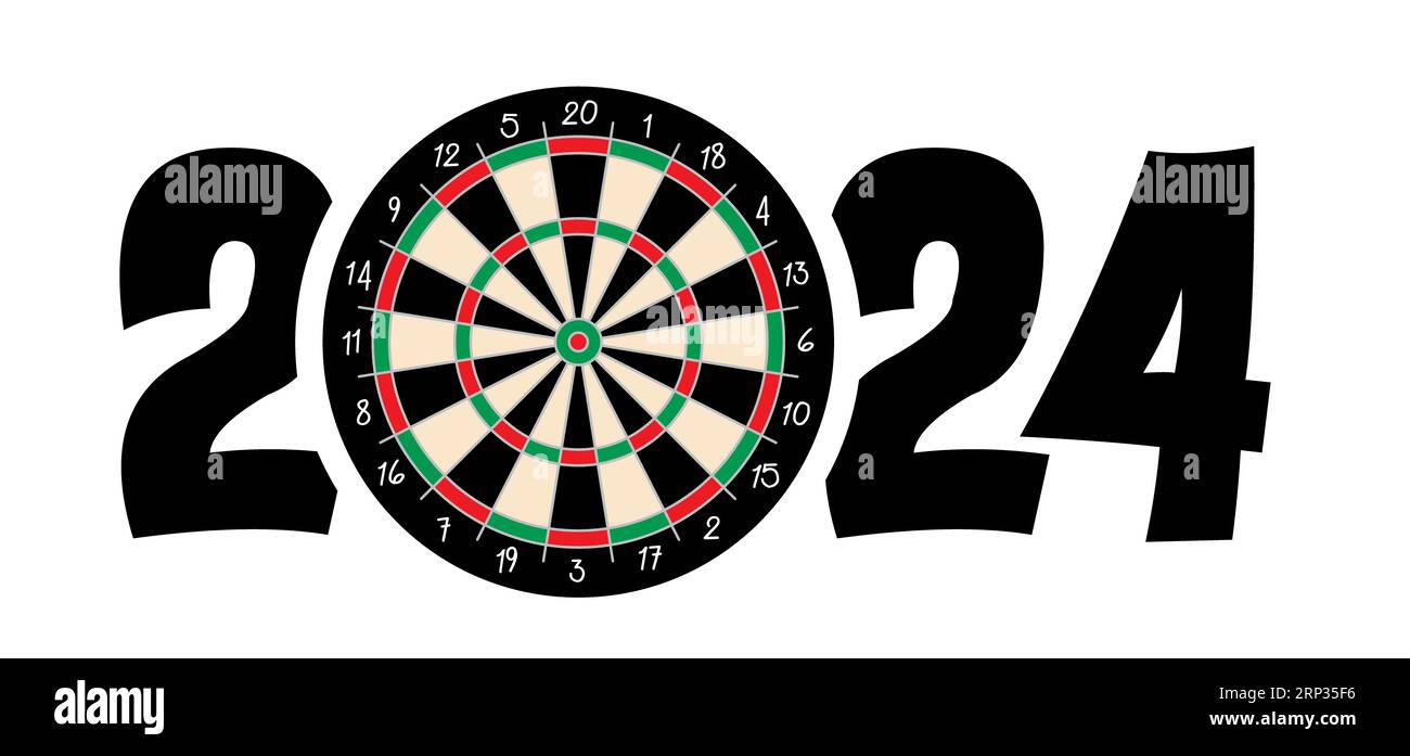 Meilleurs voeux, nous vous souhaitons une bonne année 20243 avec symbole de fléchettes. Icône cible. Plateau de jeu et jeu de fléchettes. Équipement sportif et flèches. Lancer s Banque D'Images