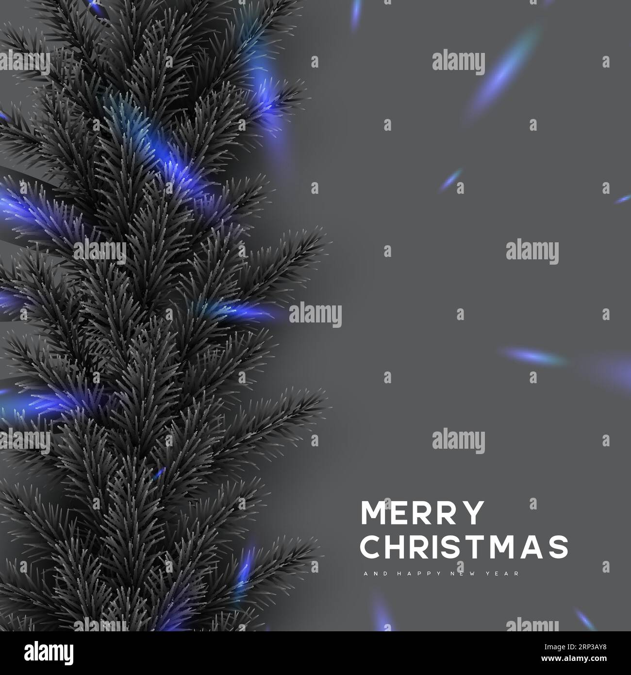 Carte de Noël avec cadre en branches de pin. Couleurs grises monochromes avec contraste lumineux bleu. Illustration vectorielle du nouvel an. Illustration de Vecteur