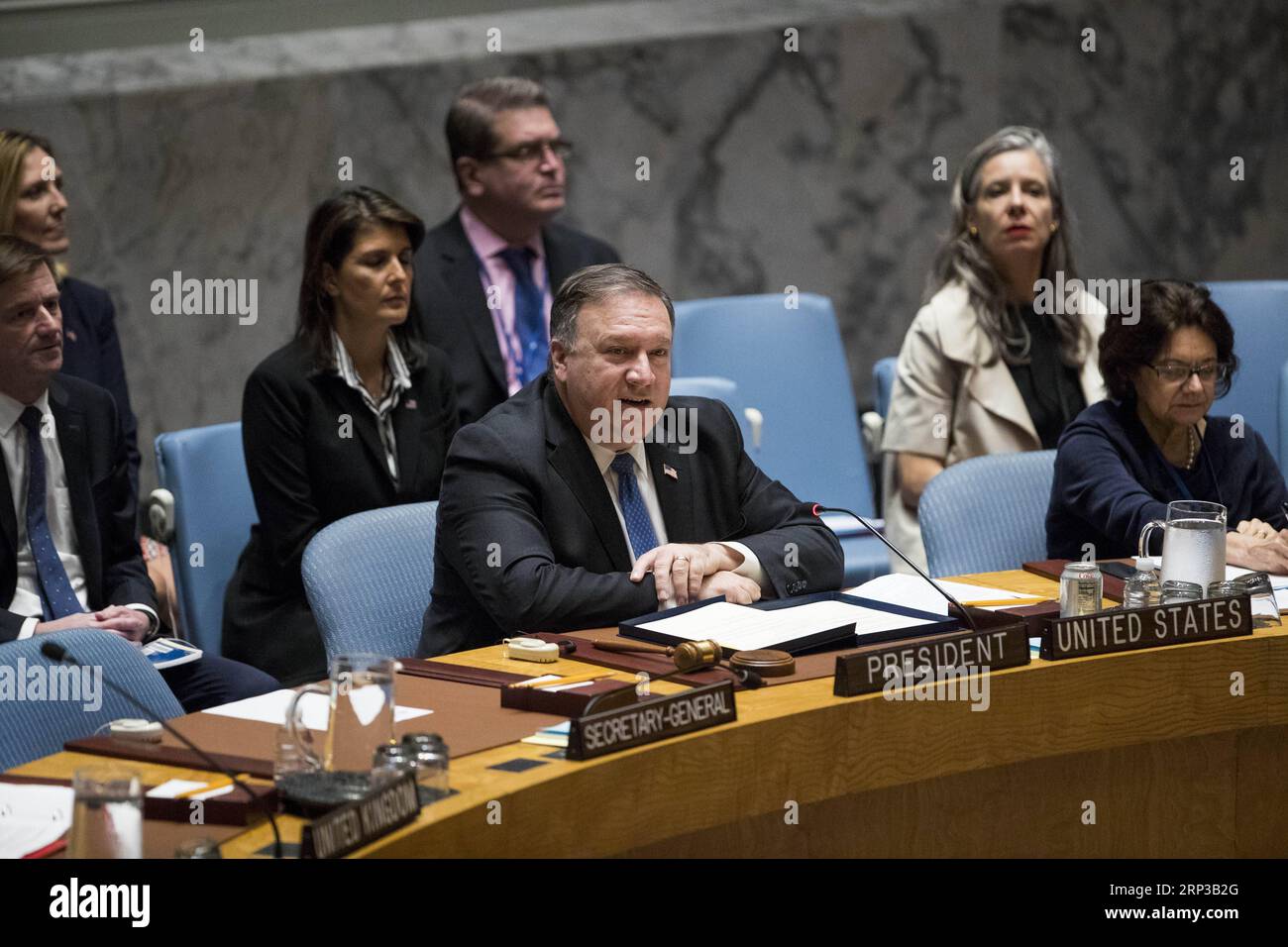 (180929) -- NATIONS UNIES, 29 septembre 2018 -- le secrétaire d'État américain Michael Pompeo prend la parole lors de la réunion du Conseil de sécurité des Nations Unies sur la question de la péninsule coréenne au siège des Nations Unies à New York, le 27 septembre 2018.) (Zxj) RÉUNION DU CONSEIL DE SÉCURITÉ DE l'ONU-PROBLÈME DE LA PÉNINSULE CORÉENNE WangxYing PUBLICATIONxNOTxINxCHN Banque D'Images