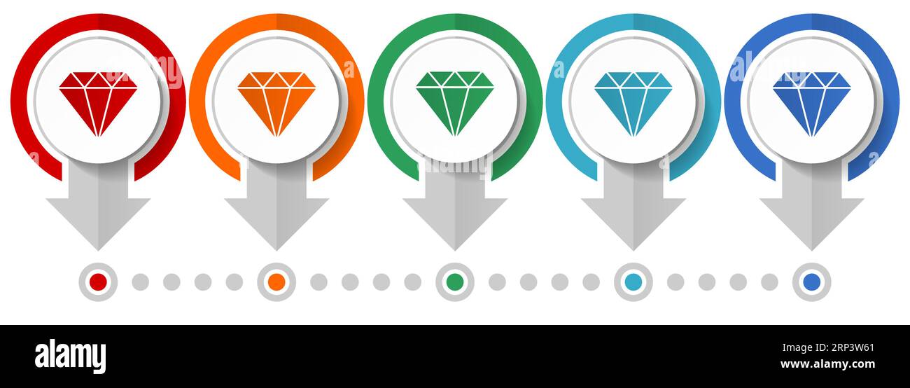 Bijou de diamant, brillant, jeu d'icônes vectorielles de Trésor, modèle d'infographie de conception plate, définir des icônes de concept de pointeur dans 5 options de couleur pour le webdesign et M. Illustration de Vecteur