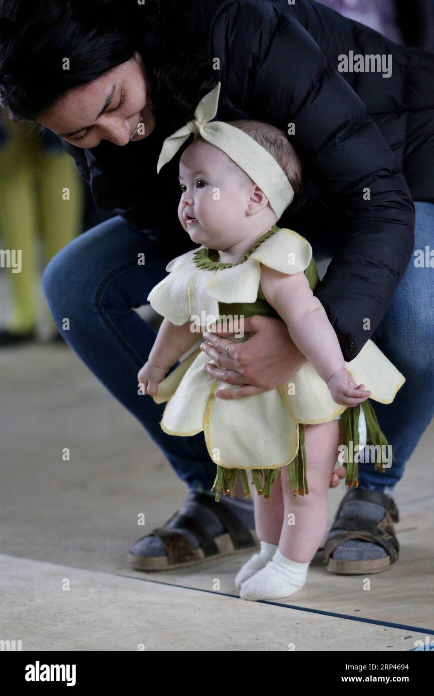 (181028) -- LOS RIOS, 28 octobre 2018 -- Un bébé habillé en elfe participe au 8e Festival forestier Huilo Huilo dans le village de Neltume de Panguipulli, région de Los Rios, Chili, le 27 octobre 2018. Le festival annuel de la forêt Huilo Huilo a eu lieu dans la réserve biologique de Huilo Huilo à partir de 2011 pour célébrer l'arrivée du printemps et sensibiliser à la protection de la forêt. (Zhf) CHILE-LOS RIOS-HUILO FESTIVAL FORESTIER de HUILO WangxPei PUBLICATIONxNOTxINxCHN Banque D'Images