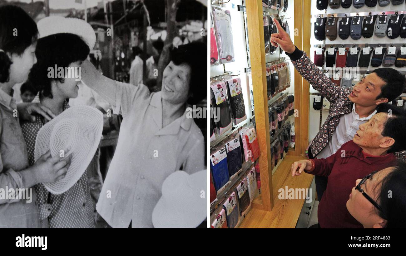 (181030) -- YIWU, 30 oct. 2018 -- photo combinée montre le marchand Feng Aiqian (à droite dans la photo de gauche) vendant le chapeau de soleil à Yiwu dans les années 1980 et Feng Aiqian (au centre dans la photo de droite) de 78 ans visitant un magasin de chaussettes de son petit-fils à Yiwu, province de Zhejiang de l'est de la Chine, octobre 25, 2018. Il y a 40 ans, Yiwu était un petit comté agricole au milieu de la province du Zhejiang. De nos jours, la ville au niveau du comté est devenue le plus grand marché de gros du monde pour les produits quotidiens. En 2011, le Conseil d'État a approuvé le projet pilote de réforme globale du commerce international de Yiwu et a donné le marché de Yiwu Banque D'Images