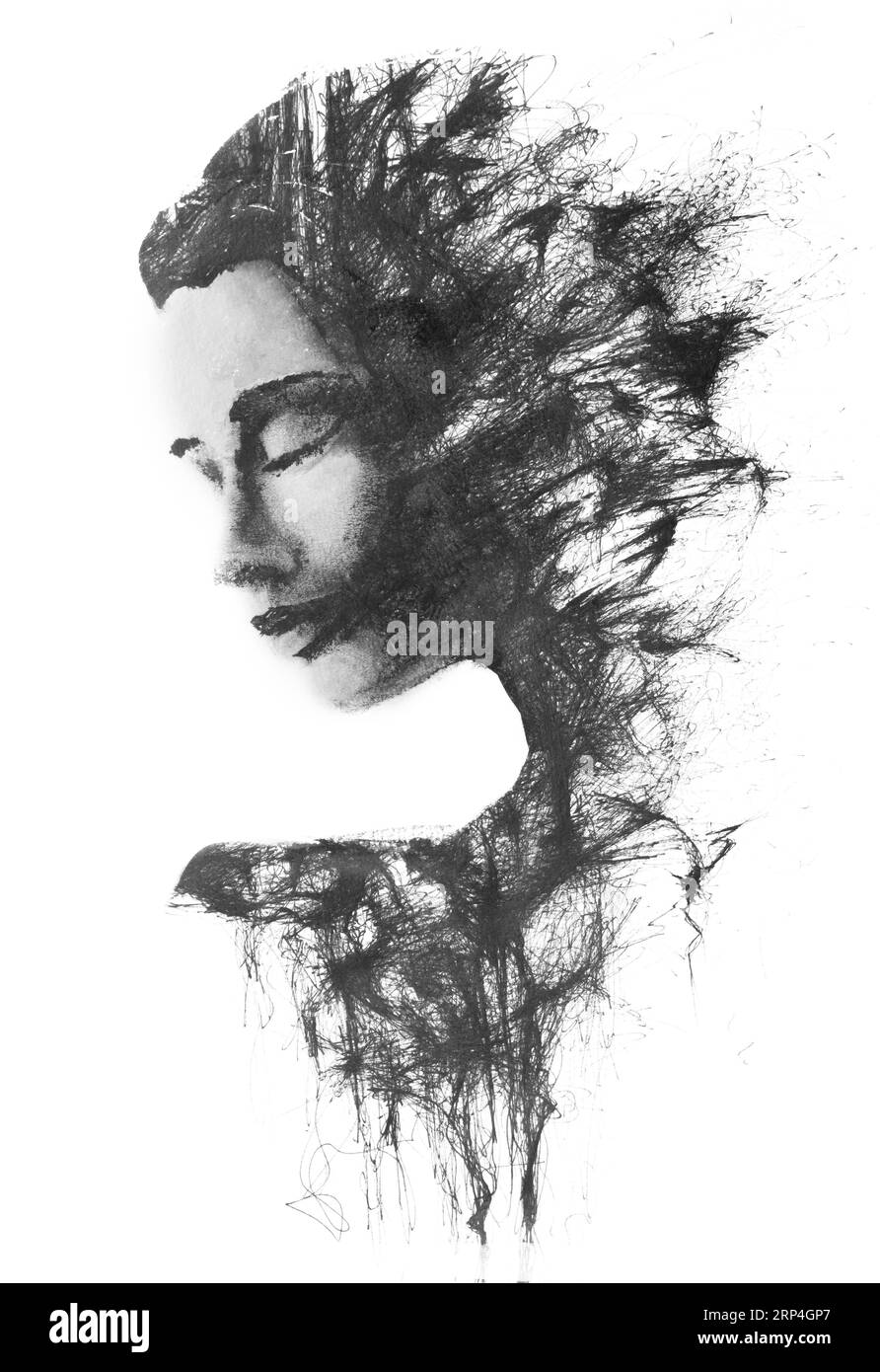 Portrait de profil peint en noir et blanc isolé par paintographie Banque D'Images