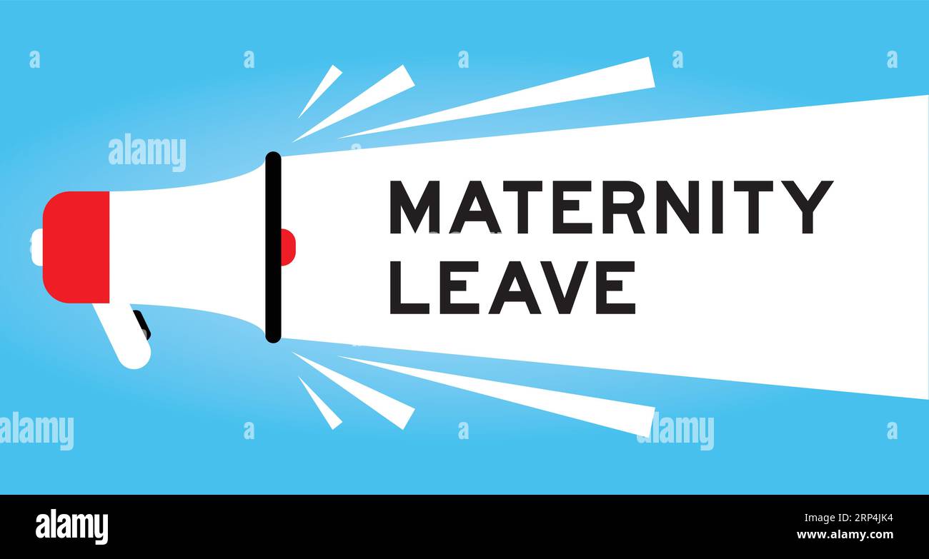 Icône de mégaphone de couleur avec le mot congé de maternité dans la bannière blanche sur fond bleu Illustration de Vecteur