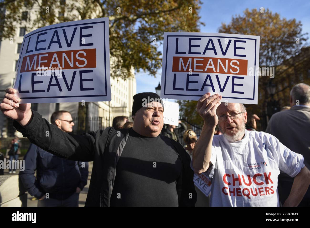 (181114) -- LONDRES, 14 novembre 2018 -- des manifestants pro-Brexit branchent des pancartes sur Whitehall, à l'extérieur de Downing Street à Londres, en Grande-Bretagne, le 14 novembre 2018. La première ministre britannique Theresa May sollicite mercredi le soutien du cabinet pour le texte de l'accord sur le Brexit conclu entre son pays et l'Union européenne (UE). ROYAUME-UNI-LONDRES-BREXIT-PROTEST StephenxChung PUBLICATIONxNOTxINxCHN Banque D'Images