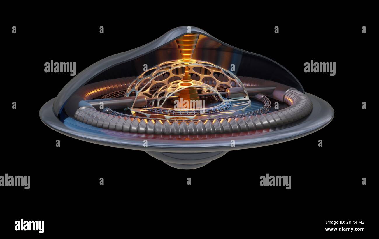 UAP , vue intérieure du système de propulsion UFO. Vue interne du vaisseau extraterrestre. Intérieur de véhicule antigravité. Propulsion extraterrestre. illustration de rendu 3d. Banque D'Images