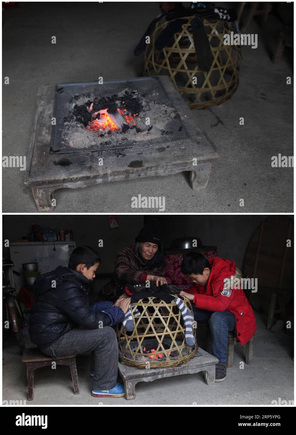 (181227) -- CHANGSHA, 27 décembre 2018 -- une photo combinée prise le 15 décembre 2018 montre des gens assis autour d'un poêle pour se chauffer, dans le comté de Daoxian de la province du Hunan en Chine centrale. À mesure que la température baisse, les habitants du Hunan utilisent divers appareils de chauffage pour lutter contre la froideur.) CHINE-HUNAN-HIVER-DISPOSITIFS DE CHAUFFAGE HexHongfu PUBLICATIONxNOTxINxCHN Banque D'Images