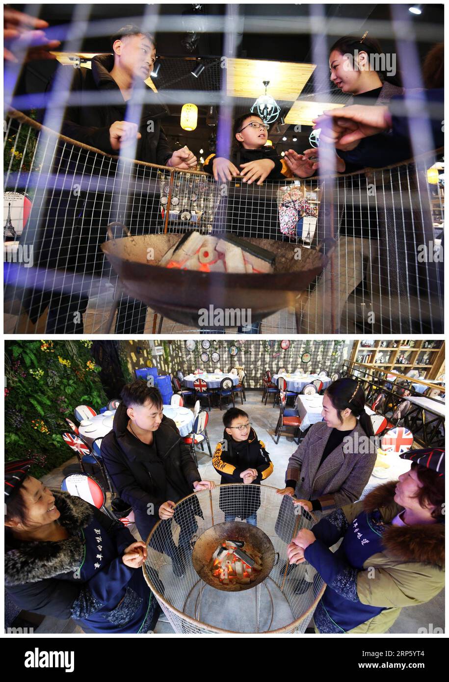 (181227) -- CHANGSHA, 27 décembre 2018 -- une photo combinée prise le 16 décembre 2018 montre des convives qui se rassemblent autour d'un poêle pour se chauffer, dans un restaurant de la ville de Hengyang, dans la province du Hunan en Chine centrale. À mesure que la température baisse, les habitants du Hunan utilisent divers appareils de chauffage pour lutter contre la froideur.) CHINE-HUNAN-HIVER-APPAREILS DE CHAUFFAGE LuoxMeng PUBLICATIONxNOTxINxCHN Banque D'Images