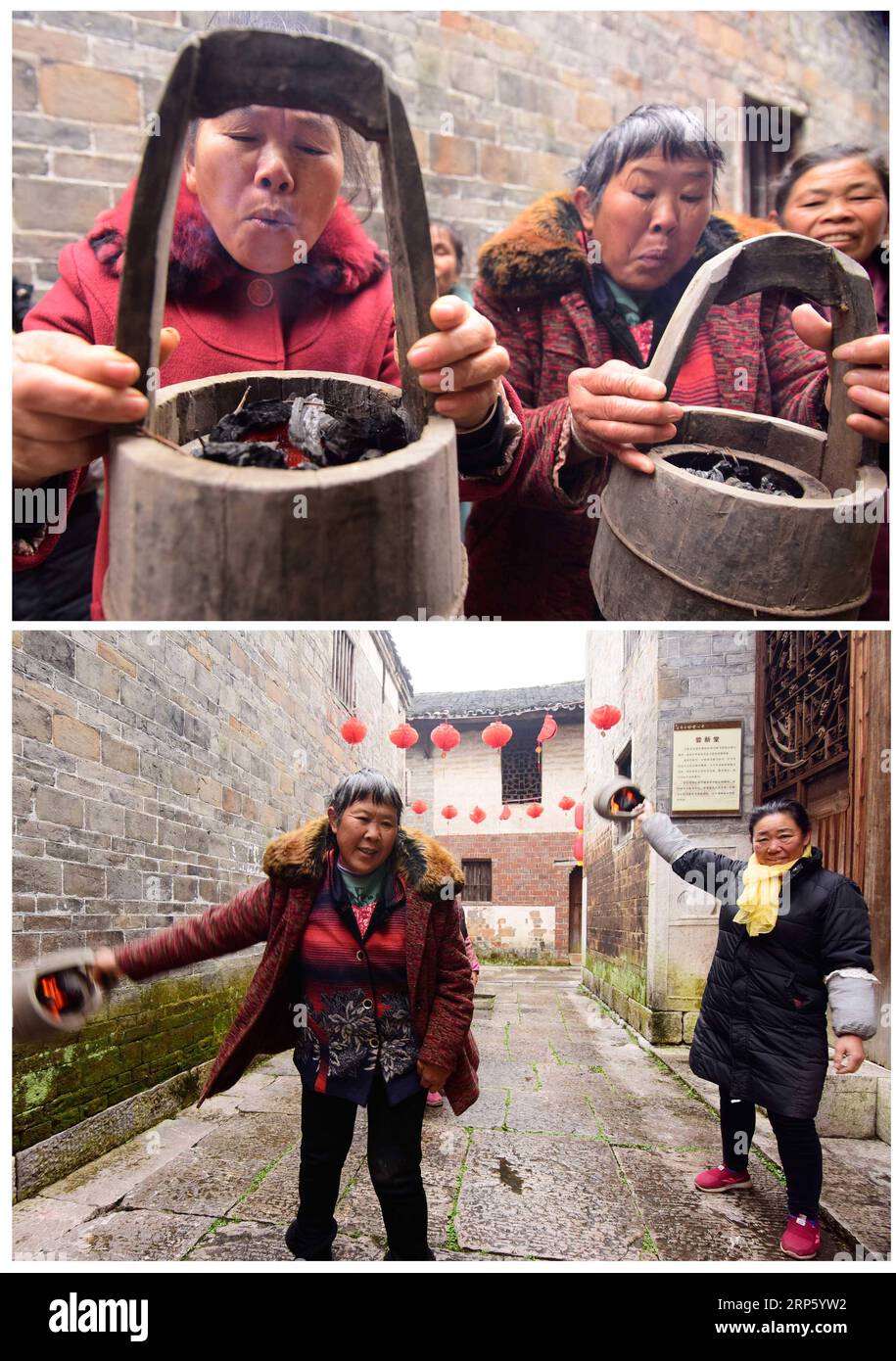 (181227) -- CHANGSHA, 27 décembre 2018 -- une photo combinée prise le 14 décembre 2018 montre des personnes utilisant des barils de feu en bois pour le chauffage, dans la municipalité de Jinping, comté de Jiahe dans la province du Hunan en Chine centrale. À mesure que la température baisse, les habitants du Hunan utilisent divers appareils de chauffage pour lutter contre la froideur.) CHINE-HUNAN-HIVER-APPAREILS DE CHAUFFAGE HuangxChuntao PUBLICATIONxNOTxINxCHN Banque D'Images