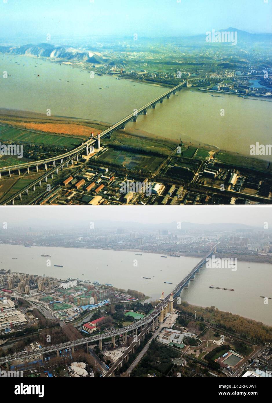 (181229) -- PÉKIN, 29 décembre 2018 () -- photo combinée montrant le pont du fleuve Yangtze de Nanjing dans le passé (en haut) et après rénovation le 27 décembre 2018 à Nanjing, capitale de la province du Jiangsu de l est de la Chine. () Headlines : le pont de la rivière Yangtze de la Chine rouvre au trafic Xinhua PUBLICATIONxNOTxINxCHN Banque D'Images