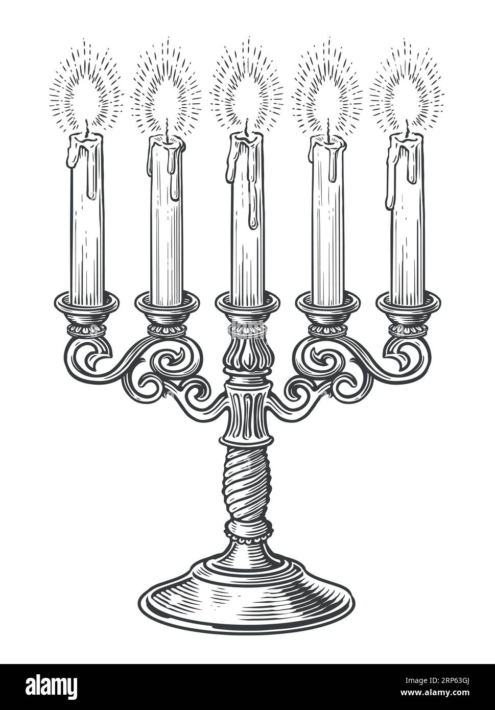 Candélabre en laiton vintage avec cinq bougies allumées dans le style de gravure. Illustration vectorielle d'esquisse de chandelier dessinée à la main Illustration de Vecteur