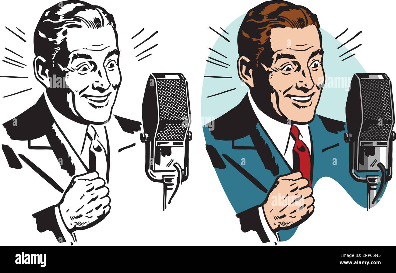 Une illustration rétro vintage d'un homme faisant une annonce dans un microphone. Illustration de Vecteur