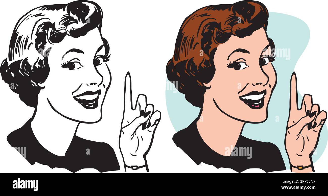 Une illustration rétro vintage d'une femme souriante pointant vers le haut. Illustration de Vecteur