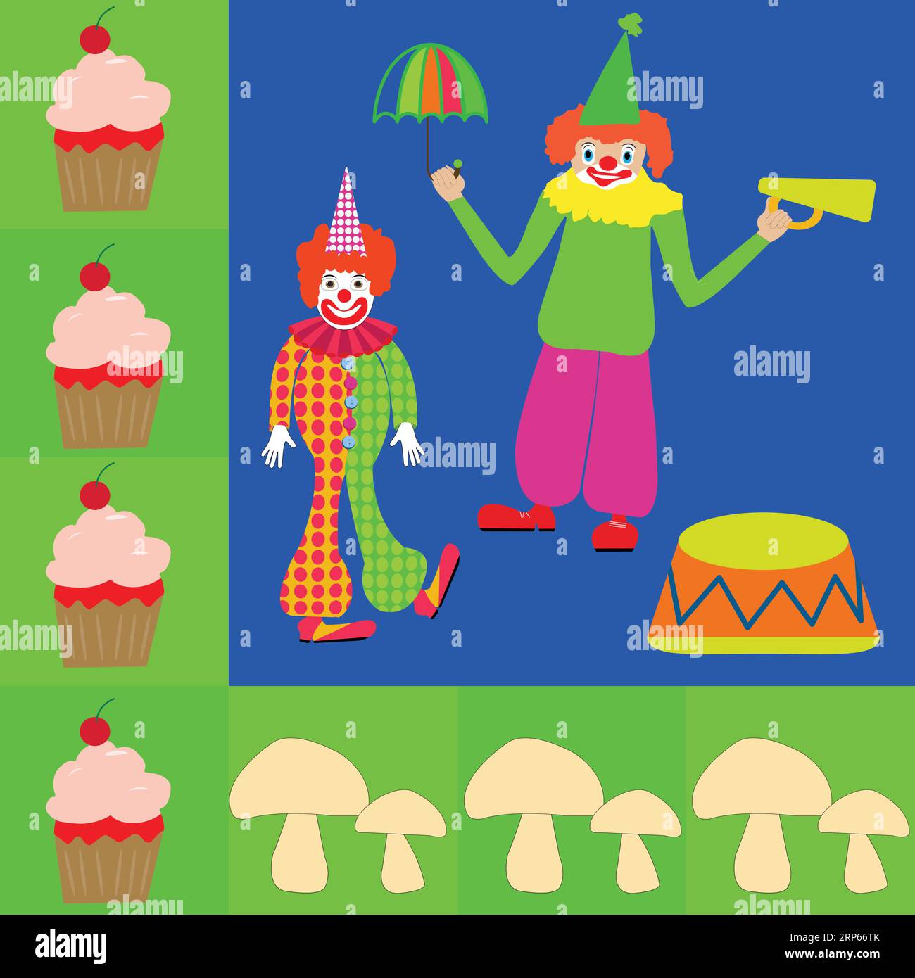Conception pour serviettes de table avec deux clowns comiques ; clown avec parapluie et tube parlant et clown costume drôle Illustration de Vecteur