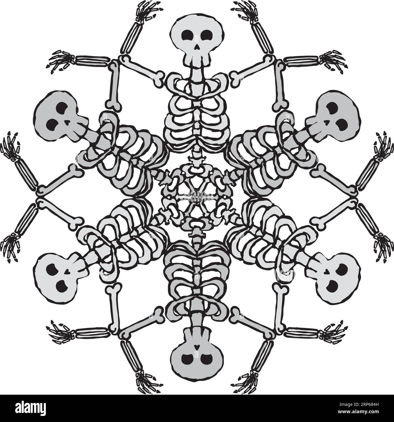 Joyeux squelettes humains encerclent un centre radieux dans le mandala Illustration de Vecteur