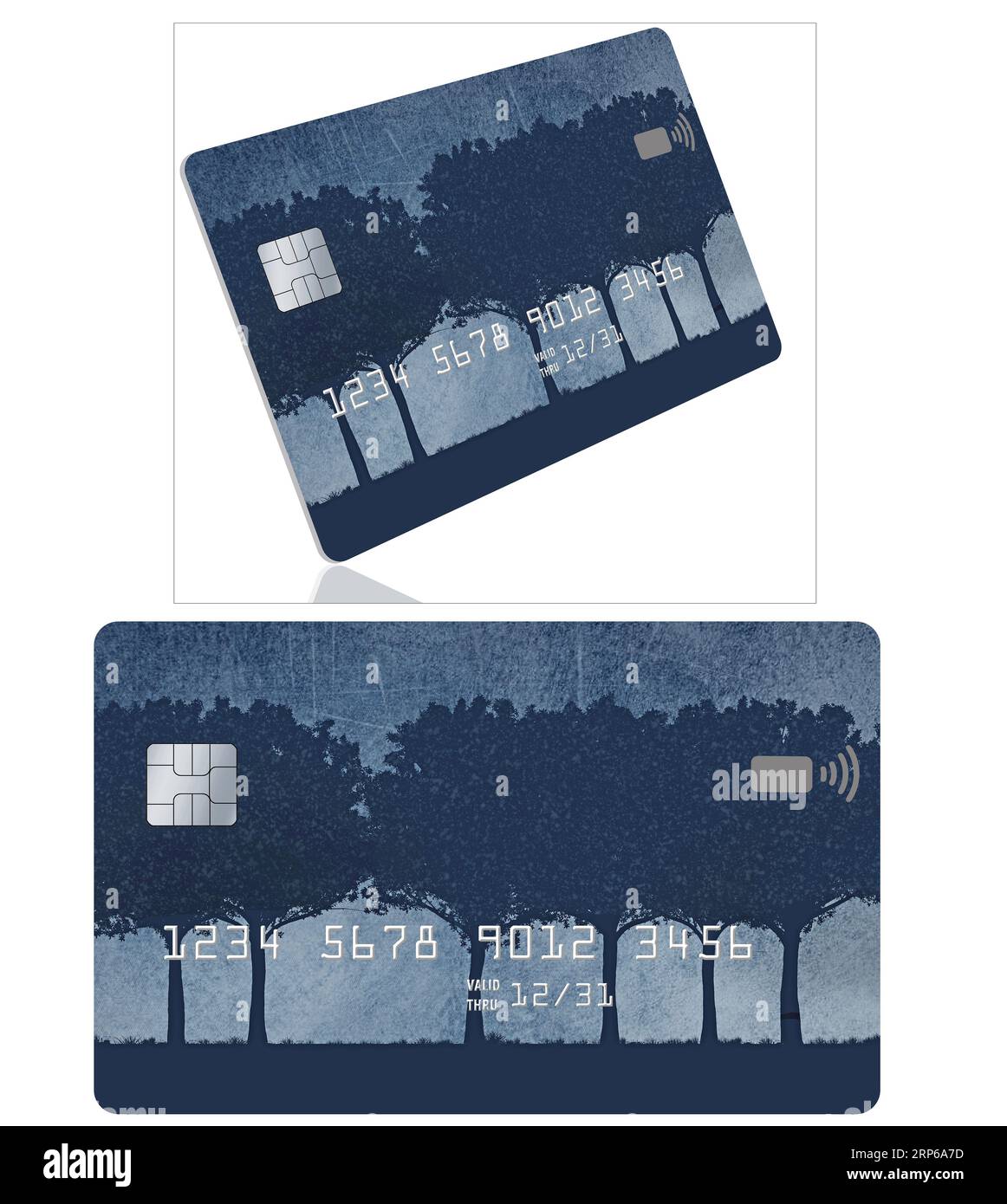 Des cartes de crédit génériques fictives sont vues qui ont brume, grunge et une rangée d'arbres dans le desitn de cette illustration en 3D. Banque D'Images