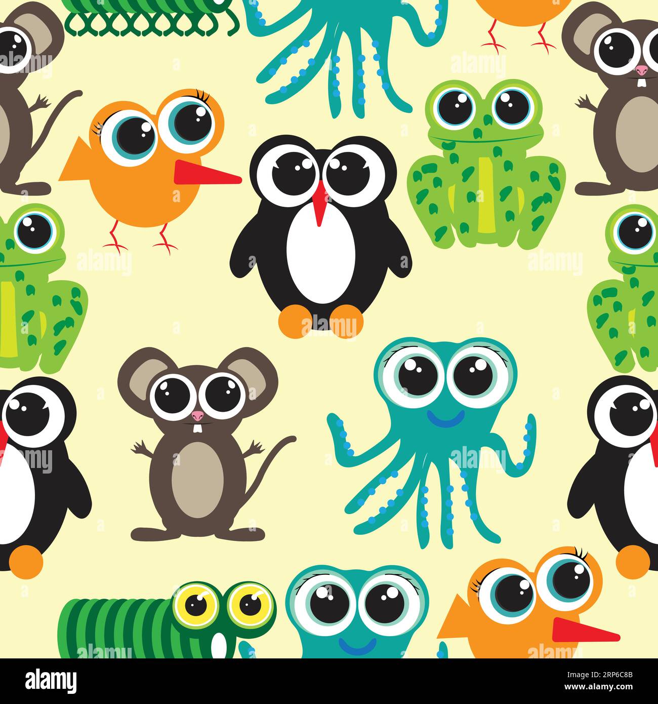 Énorme oeil bébé personnages motif de désordre de mer ; souris ; chenille ; oiseau ; poulpe; grenouille ; pingouin, oiseau Illustration de Vecteur