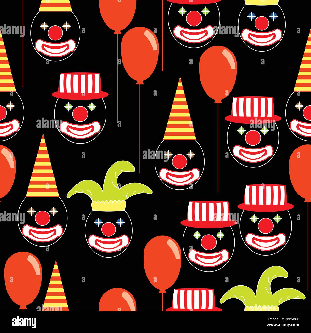 Modèle sans couture avec des visages de clown ronds avec des yeux brillants, des chapeaux et des baloons ; visages de clown drôles avec des chapeaux de carnaval et des baloons Illustration de Vecteur