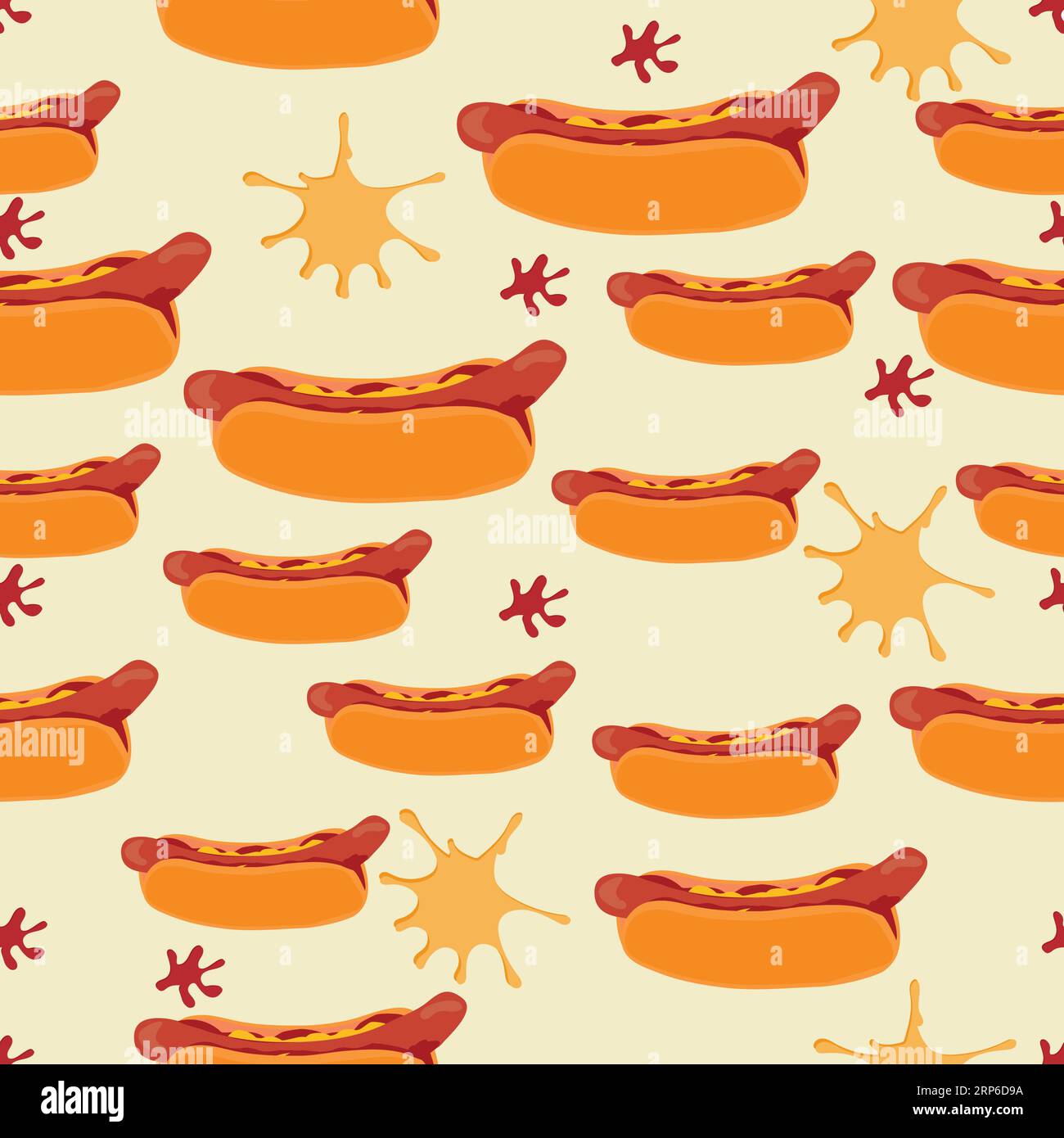 Motif hot-dog sans couture avec des taches de moutarde et de ketchup ; motif sans couture avec de nombreux hot-dogs et taches de ketchup et de moutarde Illustration de Vecteur