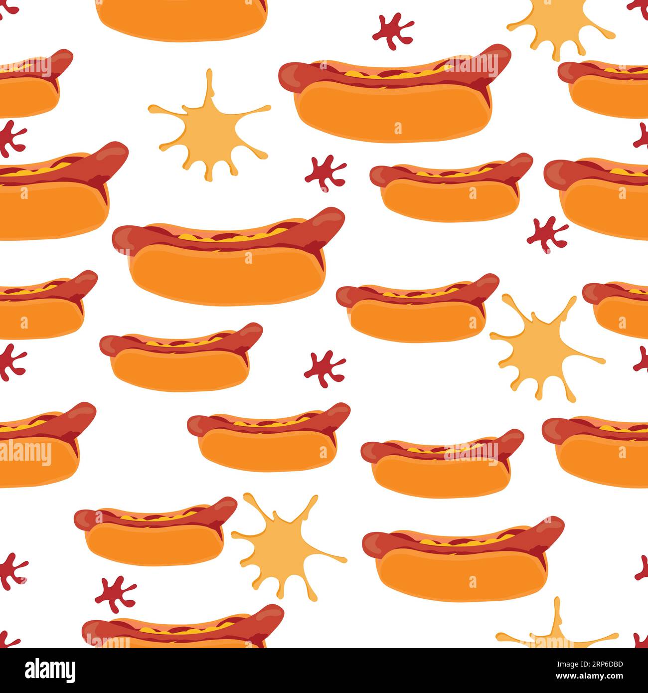 Motif hot-dog sans couture avec des taches de moutarde et de ketchup ; motif sans couture avec de nombreux hot-dogs et taches de ketchup et de moutarde Illustration de Vecteur