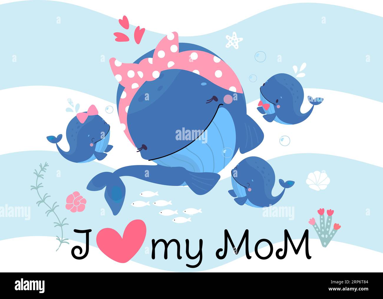 Affiche de fête des mères avec maman de baleine mignonne et petits bébés baleines drôles. Amour enfantin, personnages décoratifs de dessins animés sous-marins nowaday vector print Illustration de Vecteur