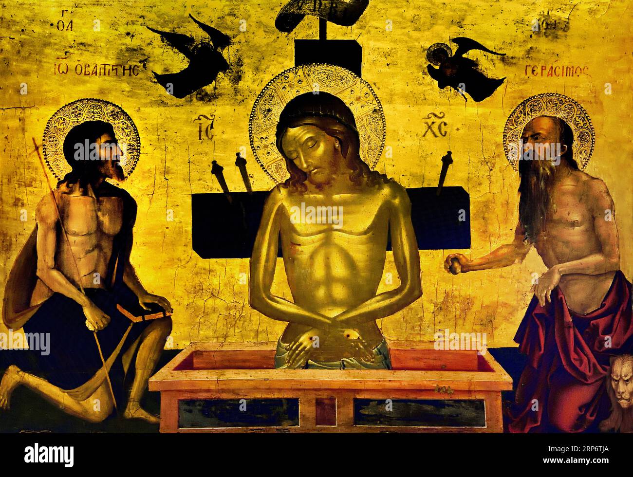 Icône de Jésus Homme de douleur avec les saints Jean-Baptiste et Jérôme 1500 peint par Akra Tapeinosis Athènes Grèce Musée byzantin Église orthodoxe grecque ( icône ) Banque D'Images