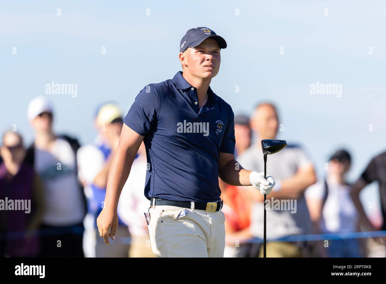 Caleb Surratt, des États-Unis, pendant la deuxième journée de la Walker Cup 2023 à St Andrews. Date de la photo : dimanche 3 septembre 2023. Banque D'Images