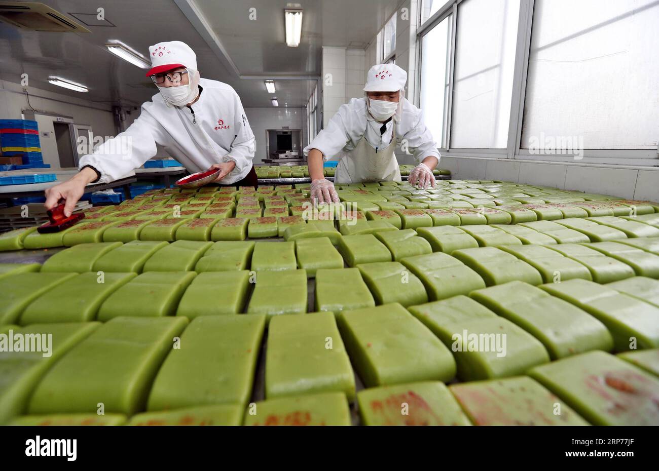 (190130) -- WUXI, 30 janv. 2019 (Xinhua) -- des travailleurs fabriquent des gâteaux de riz d'une marque traditionnelle à Wuxi, dans la province du Jiangsu de l'est de la Chine, le 30 janvier 2019. Les travailleurs de Wuxi sont occupés à fabriquer des gâteaux de riz pour répondre à la demande croissante des clients à l'approche de la fête du printemps. La fête du printemps, ou nouvel an lunaire chinois, tombe le 5 février de cette année. (Xinhua/Huan Wei) CHINA-WUXI-SPRING FESTIVAL-TRADITIONAL FOOD (CN) PUBLICATIONxNOTxINxCHN Banque D'Images