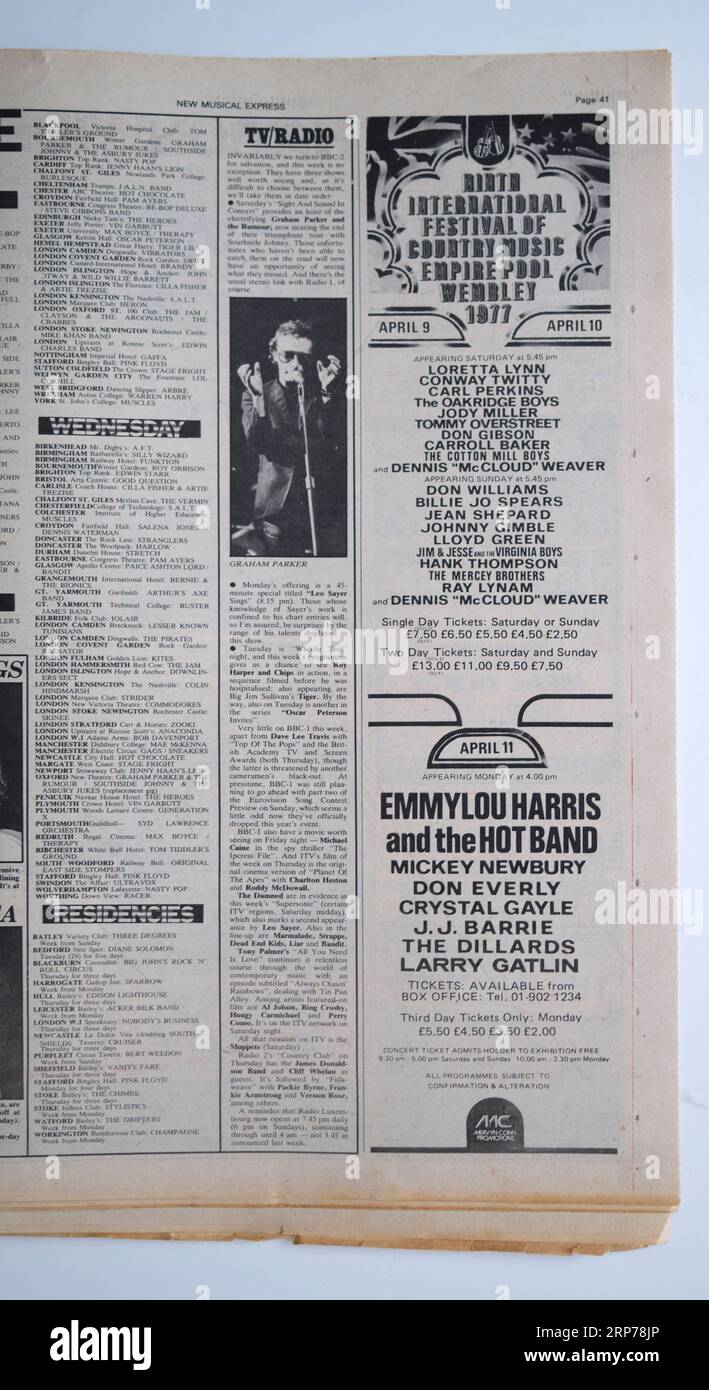 Publicité pour le neuvième Festival international de musique country Empire Pool Wembley 1977 de New musical Express NME Banque D'Images