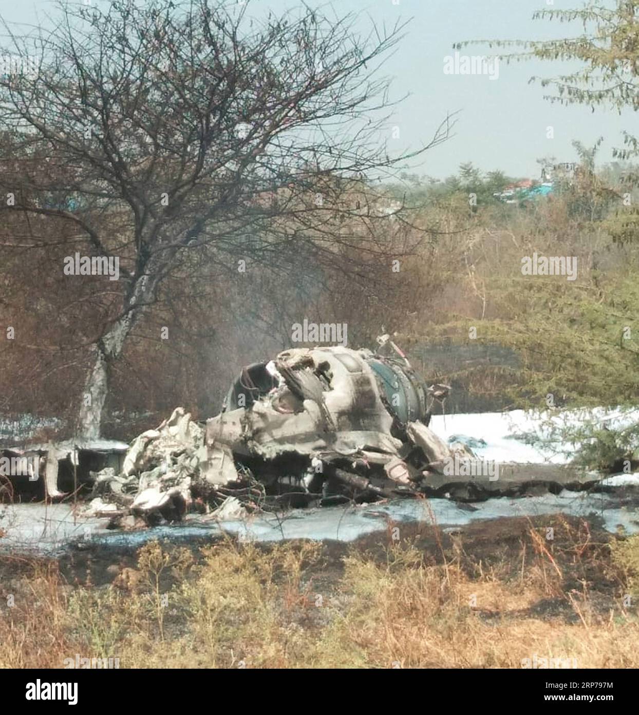 (190201) -- KARNATAKA, 1 février 2019 -- l'épave du chasseur Mirage-2000 a été vue près de l'aéroport Hindustan Aeronautics Limited (HAL) dans la région de Yemalur, dans l'État indien du Karnataka, dans le sud du pays, le 1 février 2019. Le deuxième pilote de l'Indian Air Force (IAF) qui pilotait le malheureux avion de chasse Mirage-2000 qui s'est écrasé vendredi matin a succombé à ses blessures dans un hôpital gouvernemental, ont confirmé des sources officielles. Plus tôt, un pilote était mort sur le coup alors qu'il atterrissait sur l'épave de l'avion à réaction écrasé, après avoir été en mesure de s'éjecter alors que l'avion de chasse était encore sur la piste Banque D'Images