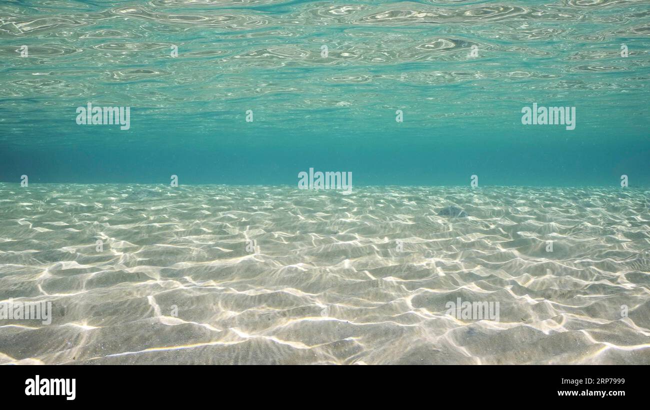 Eau sablonneuse peu profonde en rafale et reflet sur le sable des fonds marins. La lumière du soleil traverse la surface de l'eau turquoise et des reflets sur fond sablonneux dans peu profond Banque D'Images