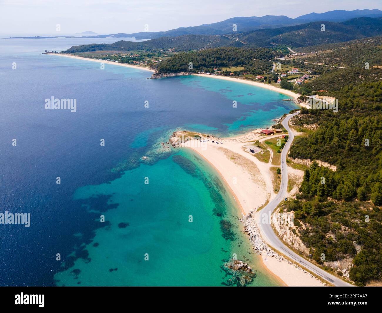 Vue aérienne, plage EMA UMD Toroni Beach, Toroni, Torone, Sithonia, Chalkidiki, Macédoine centrale, Grèce Banque D'Images