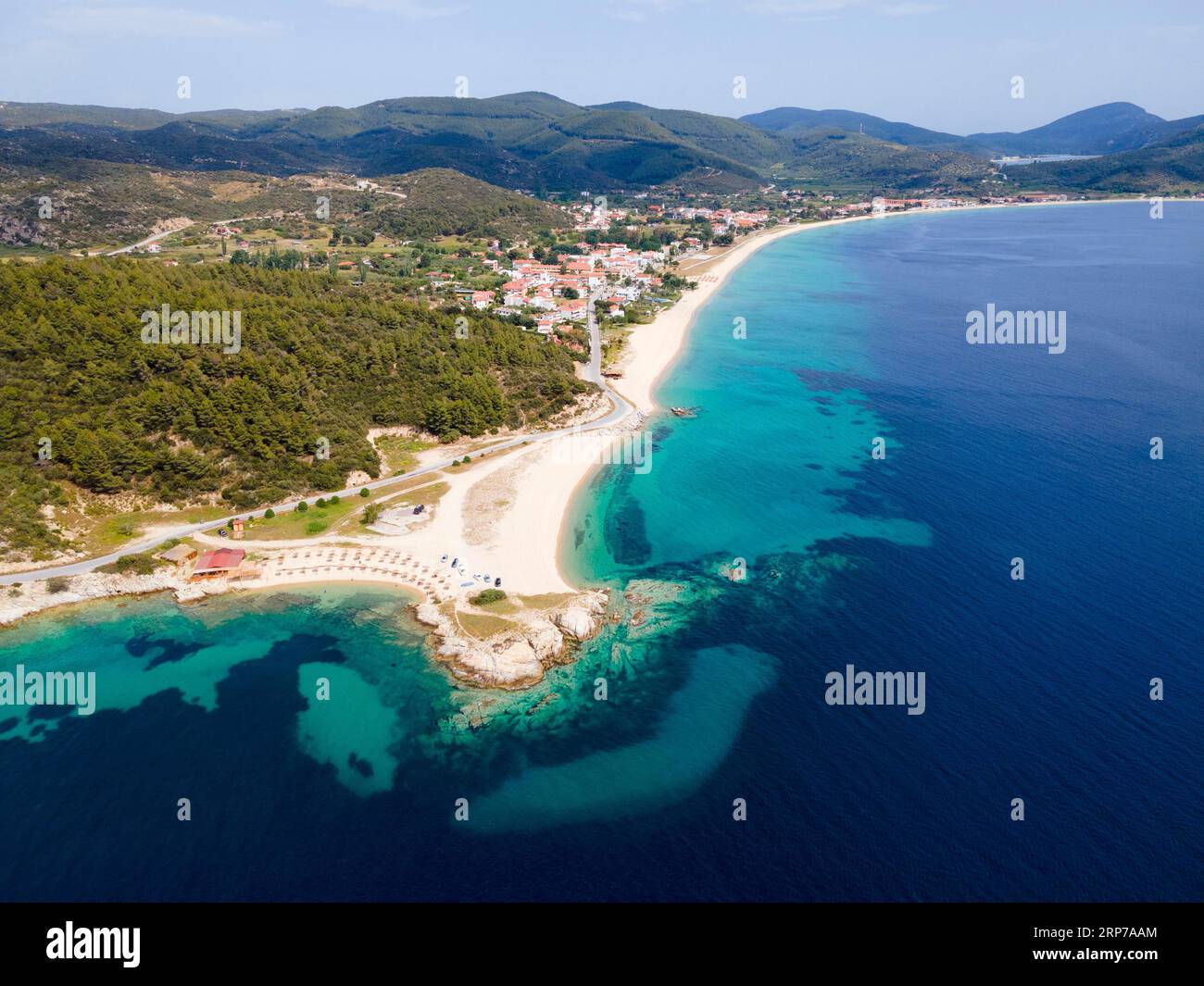 Vue aérienne, plage EMA, Toroni, Torone, Sithonia, Chalcidique, Macédoine centrale, Grèce Banque D'Images