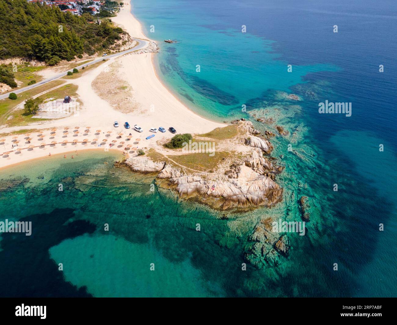 Vue aérienne, plage EMA, Toroni, Torone, Sithonia, Chalcidique, Macédoine centrale, Grèce Banque D'Images