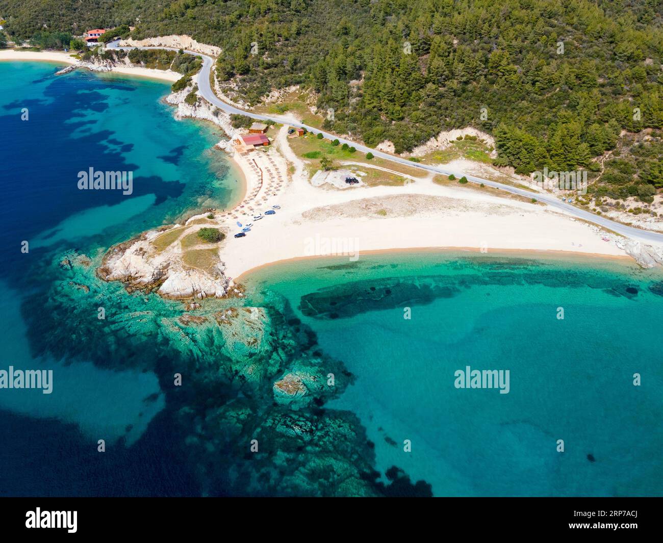 Vue aérienne, plage EMA, Toroni, Torone, Sithonia, Chalcidique, Macédoine centrale, Grèce Banque D'Images