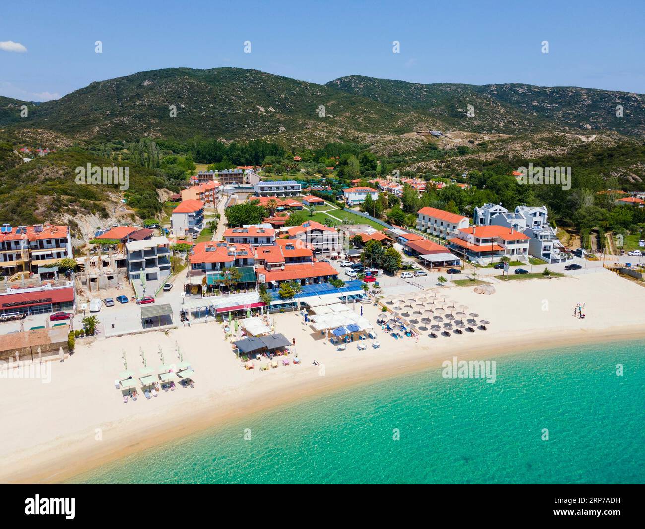 Vue aérienne, plage, Kalamitsi, Sithonia, Chalkidiki, Macédoine centrale, Grèce Banque D'Images