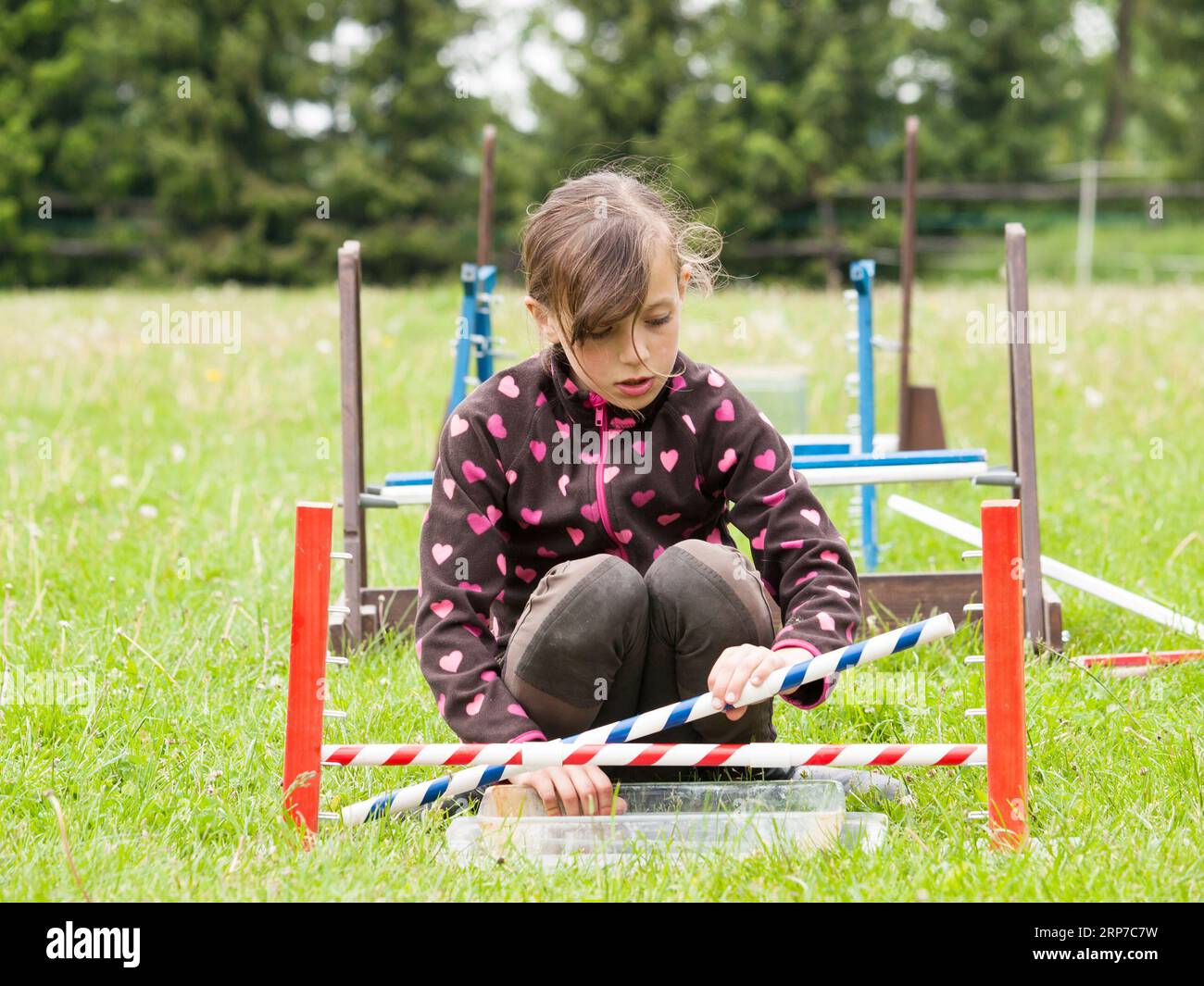 Jeune fille construire une clôture pour le saut de lapin Banque D'Images