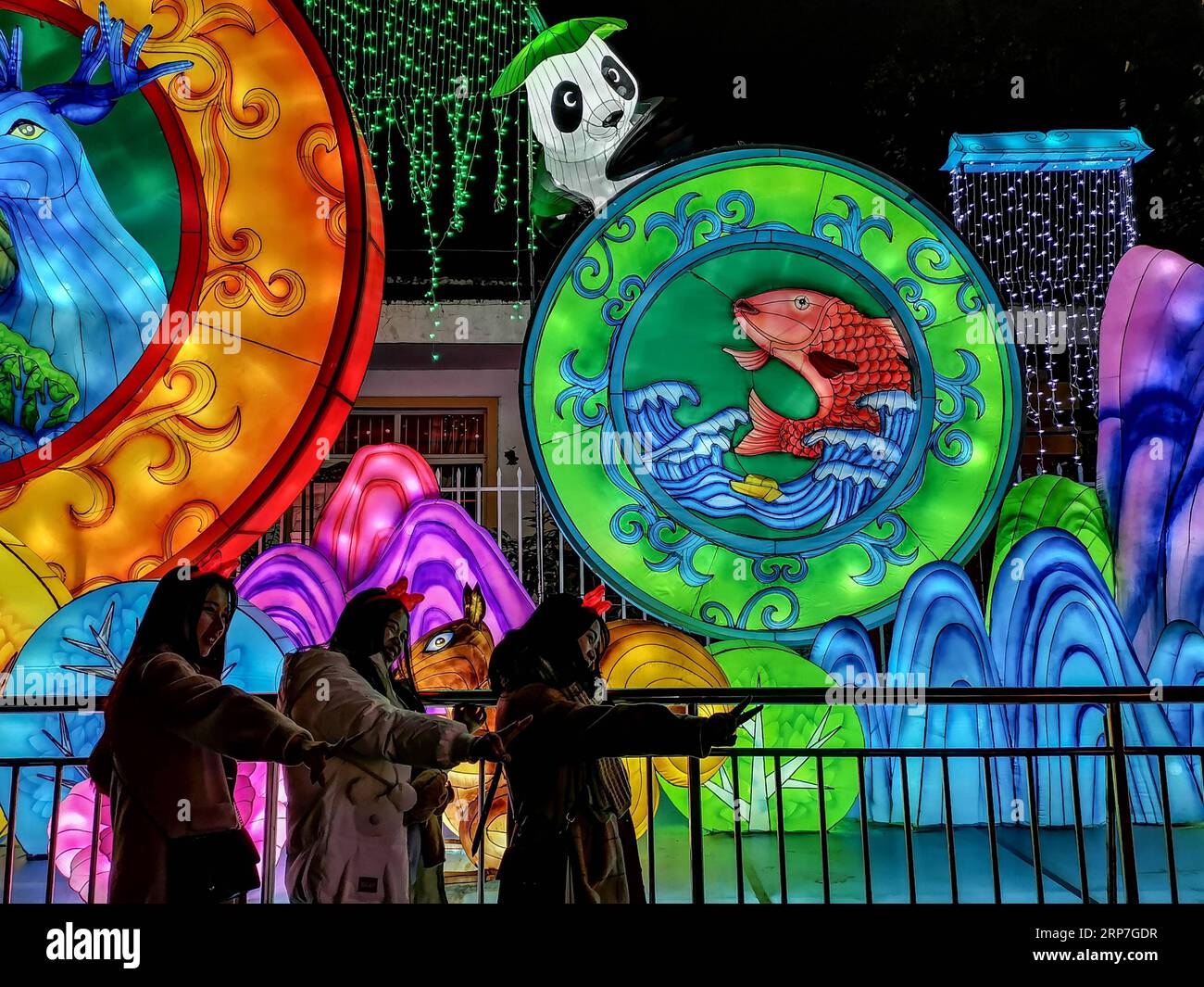 (190206) -- ZIGONG, 6 février 2019 -- des touristes posent pour des photos devant des lanternes lors d'une foire de lanternes tenue à Zigong, dans la province du Sichuan du sud-ouest de la Chine, le 5 février 2019. Plus de 130 groupes de lanternes ont été exposés lors de l'événement. ) CHINA-SICHUAN-ZIGONG-LANTERN FAIR (CN) ZHANGXCHAOQUN PUBLICATIONXNOTXINXCHN Banque D'Images