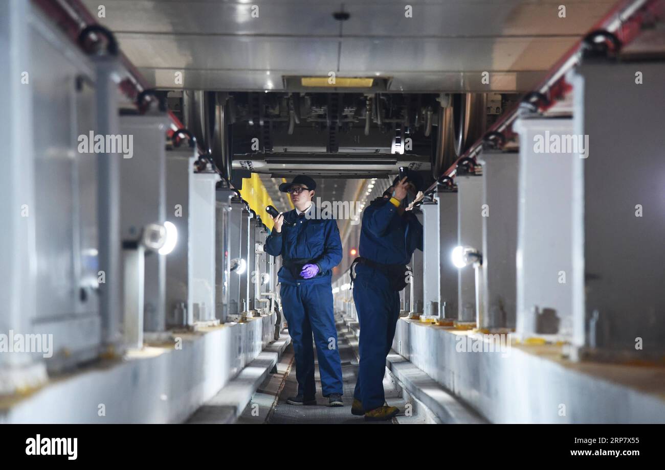 (190213) -- JINAN, 13 février 2019 (Xinhua) -- les mécaniciens vérifient un train à grande vitesse Fuxing dans une station de maintenance à Jinan, dans la province du Shandong de l est de la Chine, 12 février 2019 les trains à grande vitesse Fuxing sont généralement en service le jour et en maintenance la nuit. Avec une vitesse maximale de 350 kilomètres par heure, Fuxing représente le meilleur de la technologie ferroviaire à grande vitesse en Chine. (Xinhua/Wang Kai) CHINE-SHANDONG-ENTRETIEN DES TRAINS À GRANDE VITESSE (CN) PUBLICATIONxNOTxINxCHN Banque D'Images