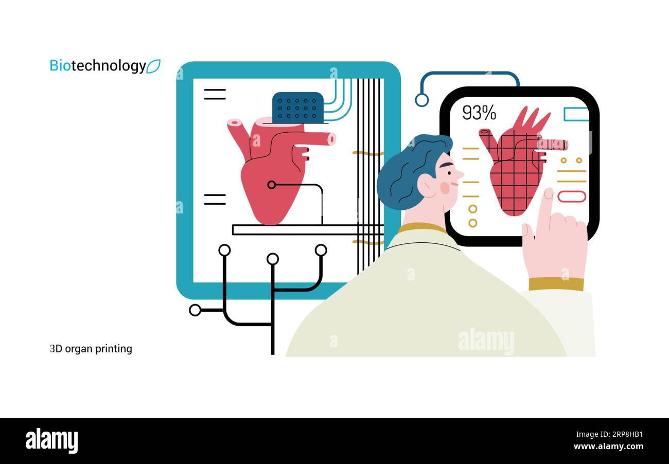 Bio Technology, 3D orgue impression - moderne vecteur plat illustration du concept d'imprimante 3D créant un coeur humain. Métaphore de la technologie dans les organes trans Illustration de Vecteur