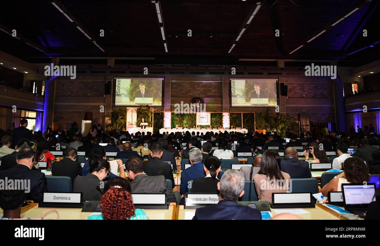 (190311) -- NAIROBI, 11 mars 2019 (Xinhua) -- une photo prise le 11 mars 2019 montre la cérémonie d'ouverture de la quatrième session de l'Assemblée des Nations Unies pour l'environnement (ANUE) à Nairobi, au Kenya. L’ANUE s’est ouverte lundi à Nairobi avec un appel de ralliement à l’adoption de technologies et d’innovations pour stimuler une croissance verte et inclusive. Plus de 4 700 délégués, dont des présidents, des ministres, des chefs d'entreprise, des scientifiques et des innovateurs, assistera à la réunion qui devrait adopter des résolutions qui aideront les sociétés à franchir le pas vers un avenir plus durable. (Xinhua/Li Yan) KENYA-NAIROBI Banque D'Images