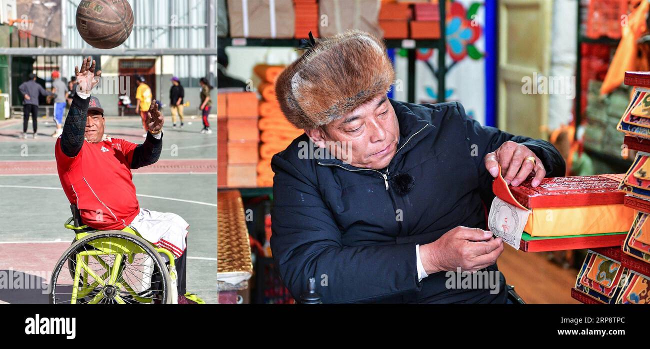 (190315) -- LHASSA, 15 mars 2019 -- une photo combinée montre JO-nga Tsering passant le ballon à un coéquipier lors d'un match à Lhassa, capitale de la région autonome du Tibet du sud-ouest de la Chine, le 3 mars 2019 (L) et JO-nga Tsering arrangeant des articles dans sa boutique le 6 mars 2019. Sous le soleil chaud de mars, un match de basket-ball rapproché attire un large public à la périphérie de Lhassa, avec des joueurs dribbles, tirant, passant, volant et rebondissant - dans leurs fauteuils roulants. Dash ! Deyang ! Le public est excité et chante à haute voix. La jeune fille de 21 ans en tenue bleue, pousse son fauteuil roulant à travers la cour Banque D'Images