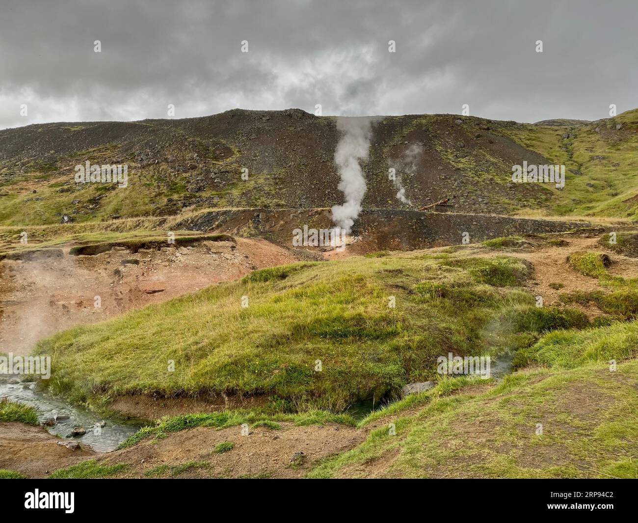 Randonnée, Reykjadalur Hot Springs (Steam Valley) est situé dans la partie sud de l'Islande. Smokey Hills serpentant les rivières et les piscines de boue visibles. Banque D'Images