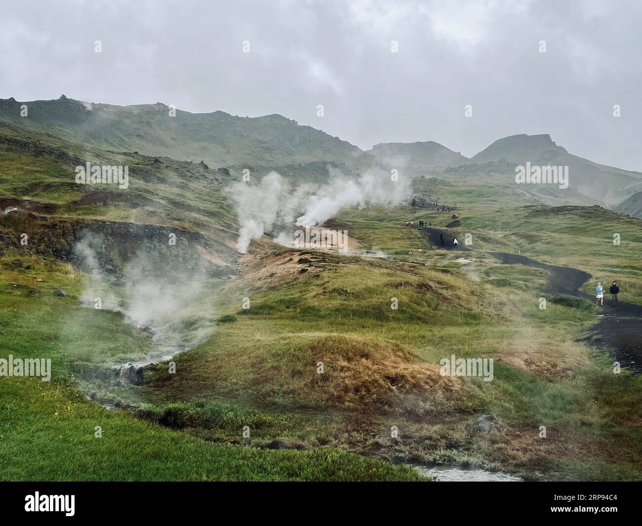 Randonnée, Reykjadalur Hot Springs (Steam Valley) est situé dans la partie sud de l'Islande. Smokey Hills serpentant les rivières et les piscines de boue visibles. Banque D'Images