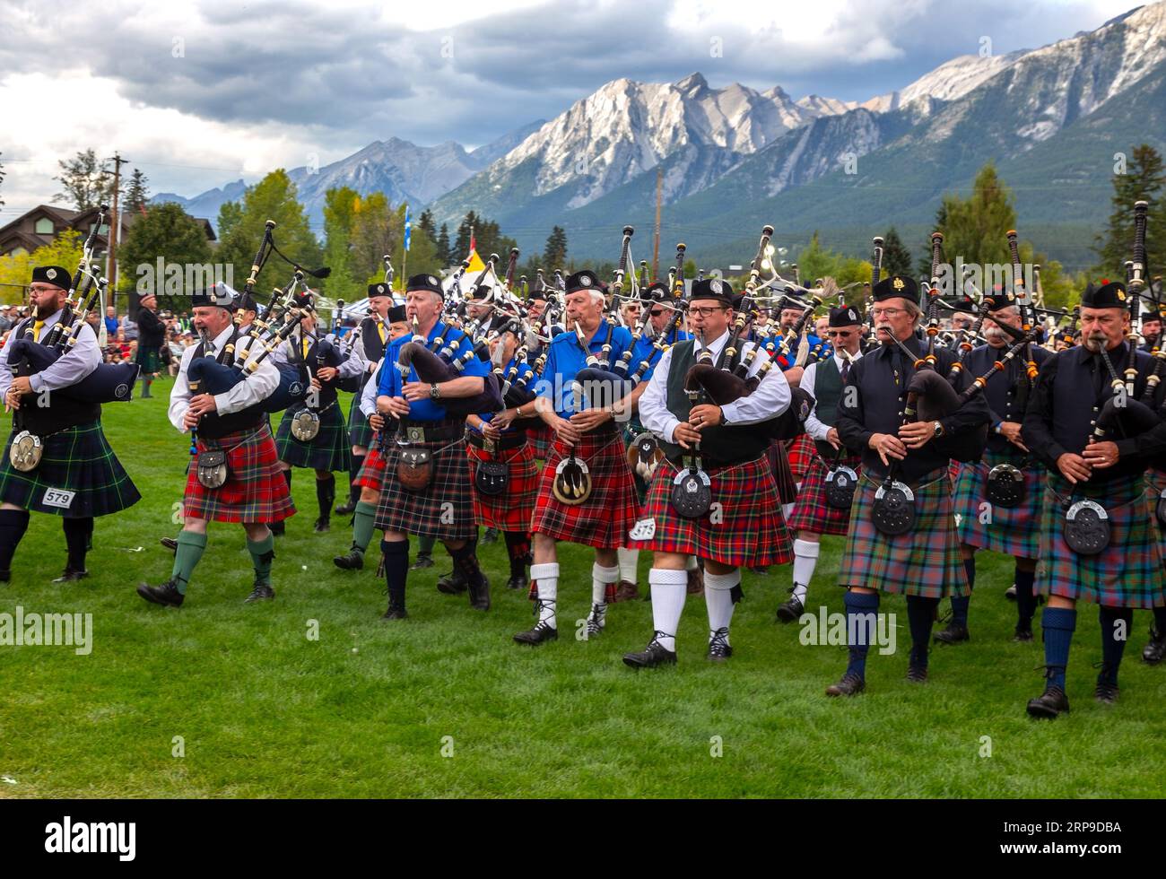 Tuyau de sac d'orgue et orchestre de musique de batterie en vêtements celtiques traditionnels, célébration annuelle du patrimoine des Jeux des Highlands écossais à Canmore, Alberta Canada Banque D'Images