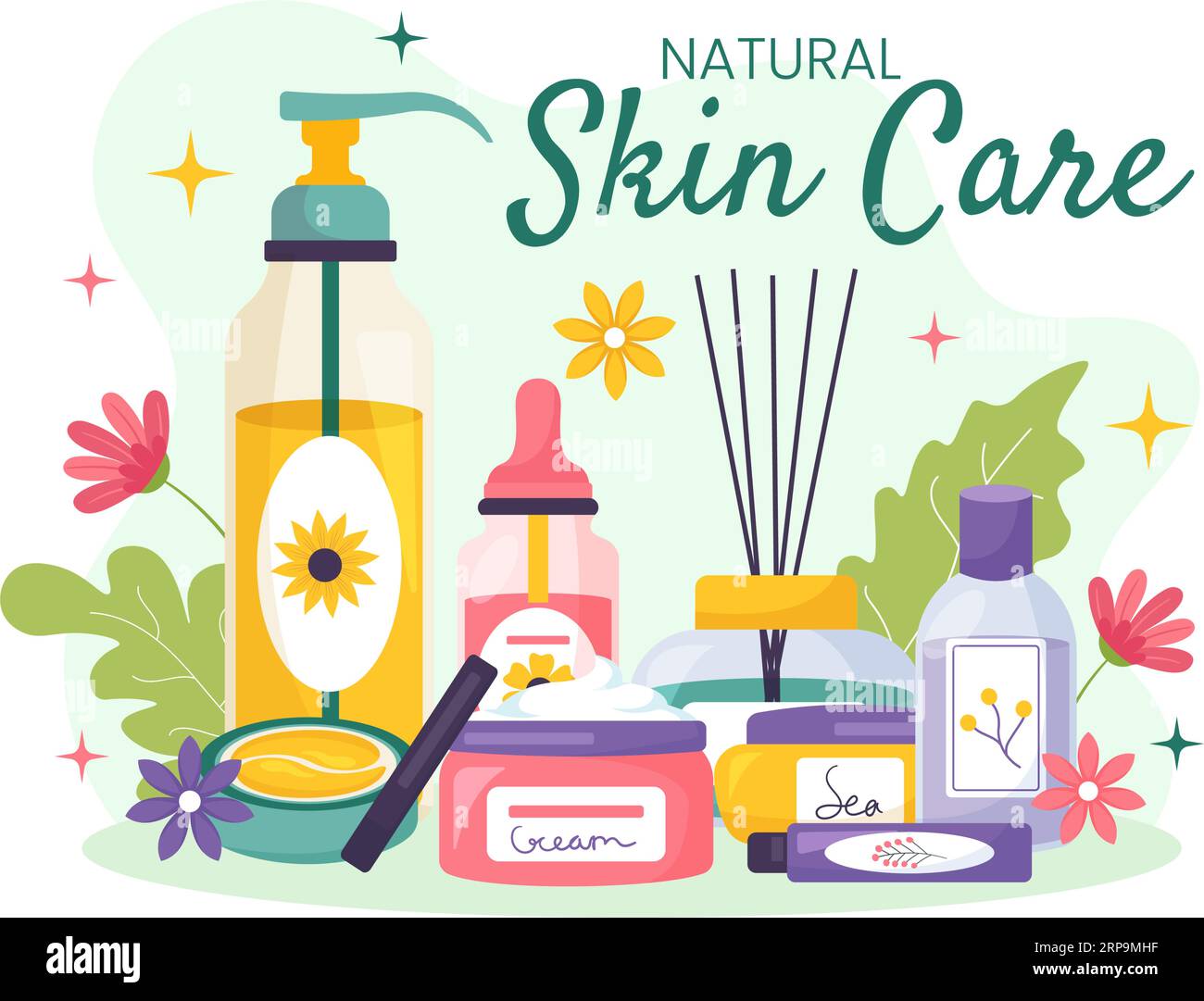 Illustration vectorielle naturelle de soins de la peau de femmes appliquant des produits cosmétiques de soin du visage avec des ingrédients organiques dans le modèle plat de fond de dessin animé Illustration de Vecteur
