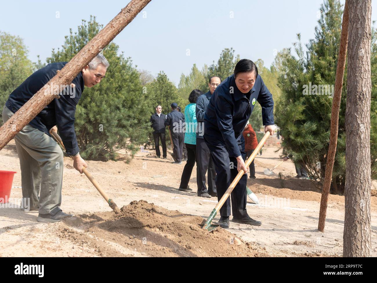 (190416) -- BEIJING, le 16 avril 2019 -- Liu Qibao (R), vice-président du Comité national de la Conférence consultative politique du peuple chinois (CCPPC), participe à un événement de plantation d'arbres dans le parc forestier national de Xishan dans le district de Haidian à Beijing, capitale de la Chine, le 16 avril 2019. Vice-présidents du Comité national de la CPPCC, Liu Qibao, lu Zhangong, Xia Baolong, Yang Chuantang, Zheng Jianbang, Gu Shengzu, He Wei, Shao Hong et Gao Yunlong ont participé mardi à la plantation d’arbres à Pékin. Ils ont été rejoints par près de 300 membres du personnel des organes de travail de t Banque D'Images